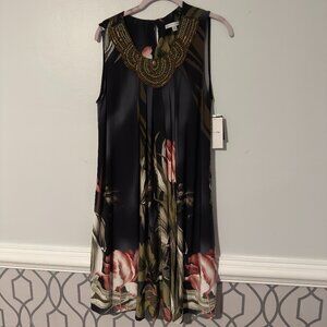 NWT Sandra Darren SZ14 Green, Black Pink Floral Beaded Neckline Sleeveless Dress